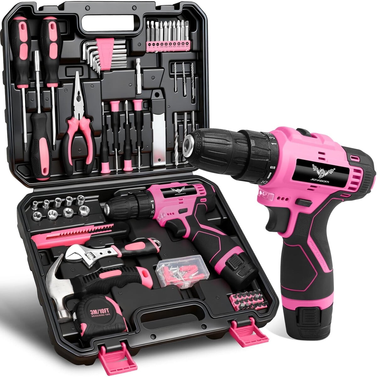 Taladro Inalámbrico 12v Jenabom Kit 151 Piezas Led Rosa