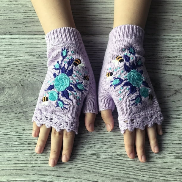 Flower Embroidery Gloves - Handmade Knit Fingerless Gloves for Women
