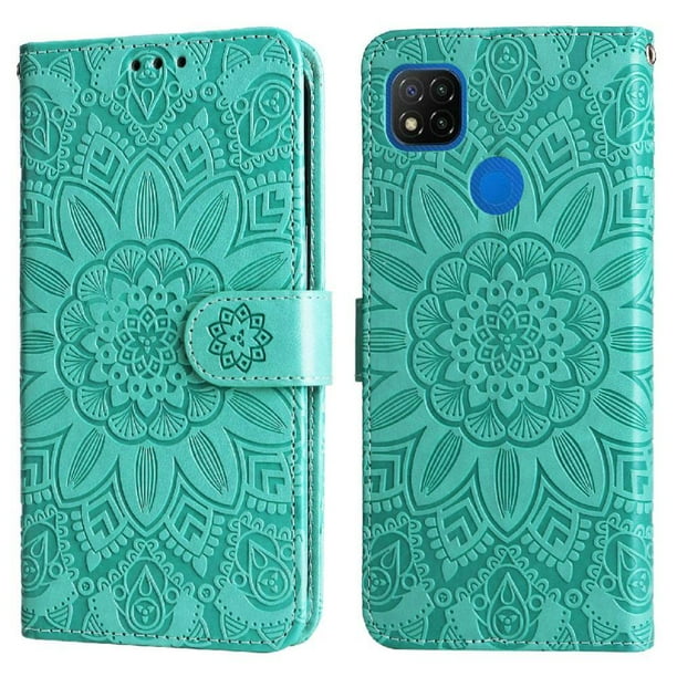 Funda tipo cartera FOXDOCK para Xiaomi Redmi 9C , diseño girasol en relieve, cuero PU, cierre magnético, soporte y tarjetero