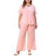 thumbnail image 2 of Agnes Orinda Conjunto de Pijama de 2 Piezas para Mujer Talla Grande, Encaje con Lazo, Cuello en V, Manga Corta, Top y Pantalones Anchos con Volantes, Talla 5X, Rosa, 2 of 6