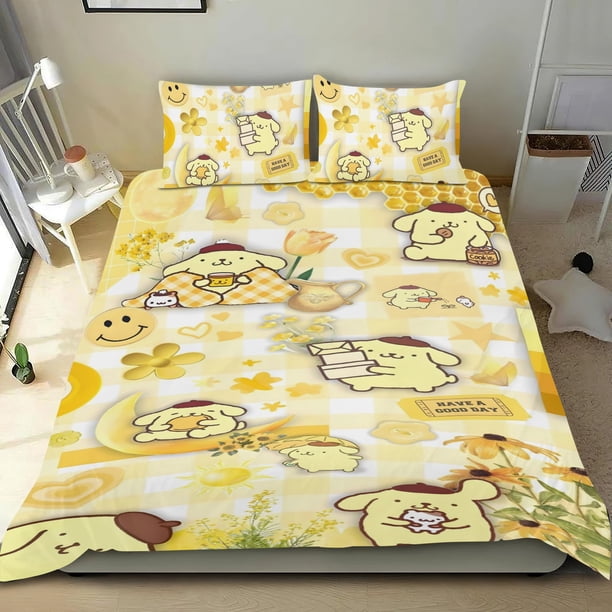 Pompompurin Conjunto de sábanas temático, trío de piezas, cómodo y amigable con la piel, diseño único, regalo de decoración para el hogar para familiares, amigos y fans,135cm *200cm