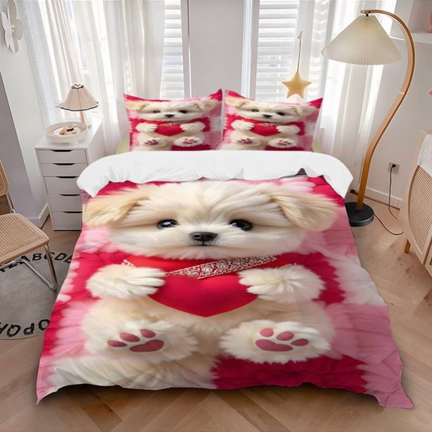 Set of 3 Anime Adorable Dog Heart Pillowcases - Comes with One Quilt Cover And Two Pillowcases (Core Not Included) - Made of Polyester Fabric Ideal for Decorati