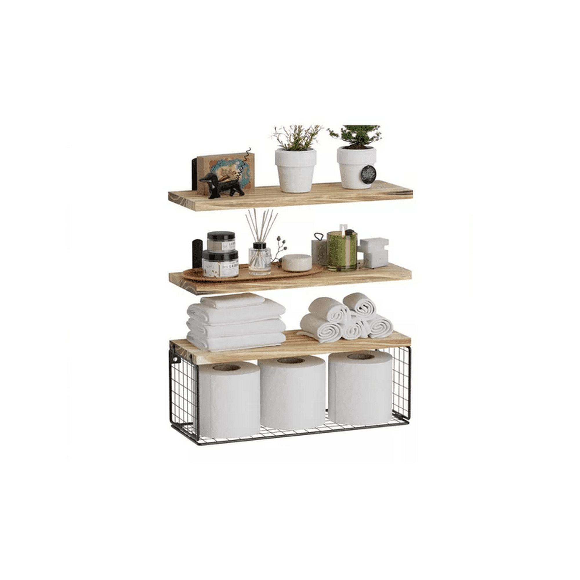 Genérico - Repisas Flotantes De Madera Modernas X3 Con Reja 100% Pino Café Claro