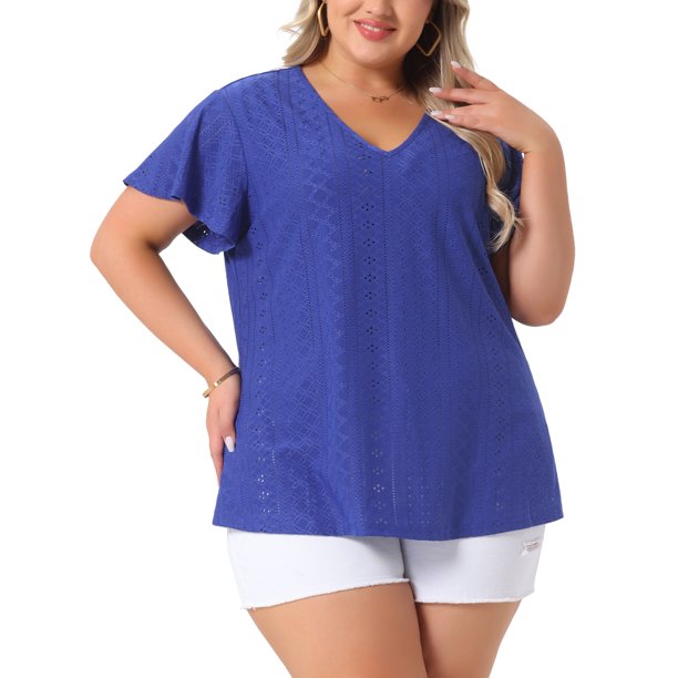 Agnes Orinda Blusa de Manga Acampanada para Mujer Talla Grande, Cuello en V, Primavera Verano, Camiseta Hueca, Talla 2X, Azul Real