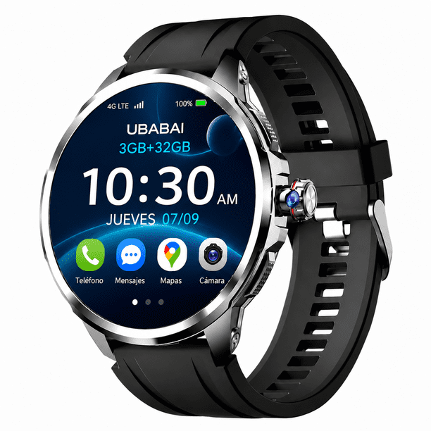 UBABAI reloj inteligente Android 10 4G LTE con SIM, Pantalla AMOLED 1.95" 720x720, Llamadas Independientes, GPS, Google Play y Cámara Giratoria Retráctil 9MP Smartwatch 3GB+32GB