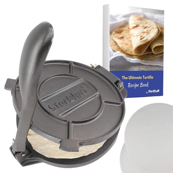 Prensa para tortillas Star Blue de hierro fundido de 10 pulgadas con papel de aceite, 100 unidades