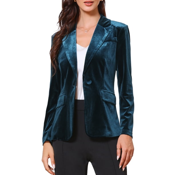 INSPIRE CHIC Blazer de Terciopelo para Mujer con Solapa de Muesca, Manga Larga, Un Botón, Elegante para Oficina, Talla L, Azul