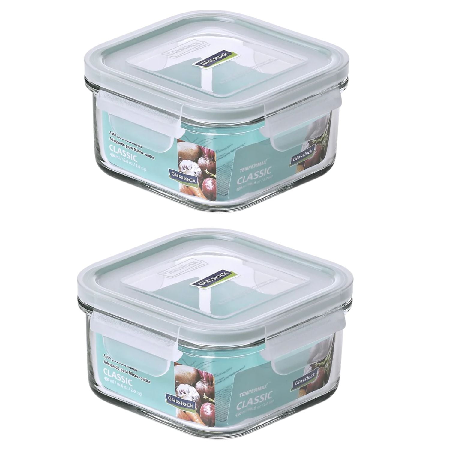 Pack 2 Contenedores Vidrio Hermetico Cuad 490ml Glasslock
