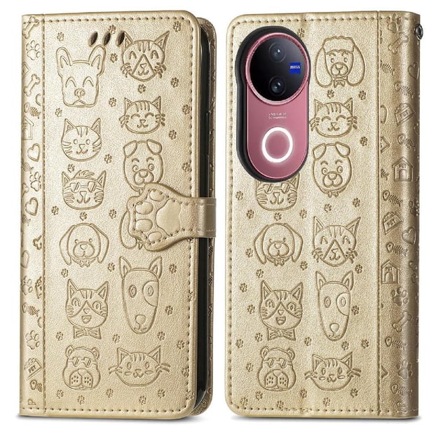 Funda Cartera FOXDOCK para Vivo V50 5G , Flip PU con Relieve de Gatos y Perros, Tarjetero y Soporte
