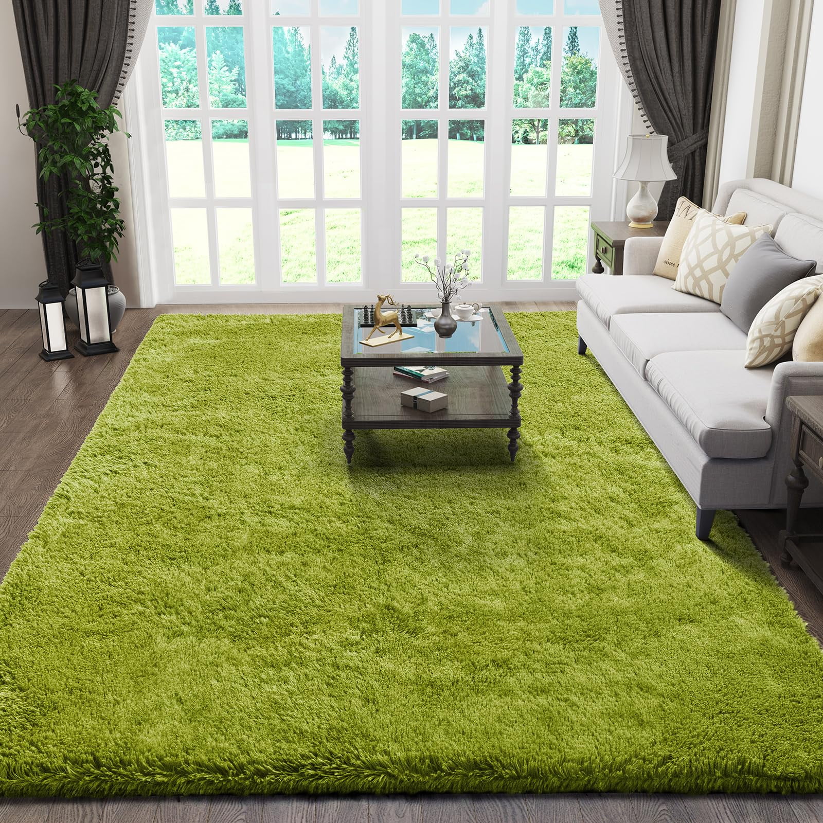 Alfombra Ophanie Green Shag Fluffy De 150 X 240 Cm Para Salón