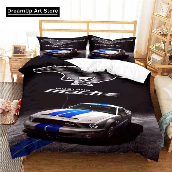 Fashion M-Mustang Car Pattern Bedding Set Boys Girls Duvet Cover Pillowcase Bed Adult Bedroom