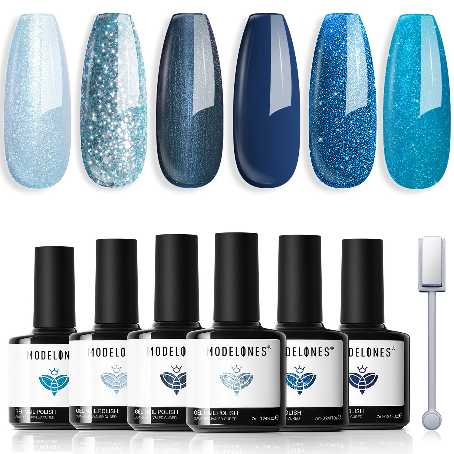 Set De Esmaltes De Uñas En Gel Modelones, 6 Colores, Purpurina Azul