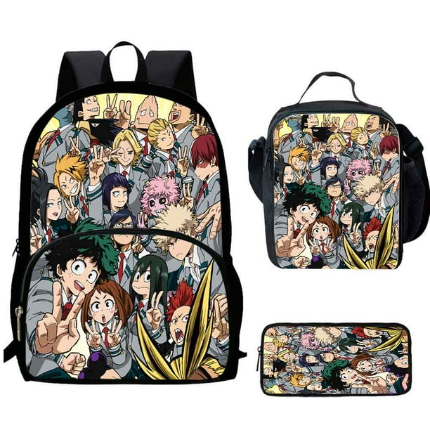 3Pcs Set My Hero Mochila Academia Backpacks with Lunch Bags Pencil Case ,Cartoon Large Capacity School Bags for Grade 1-5