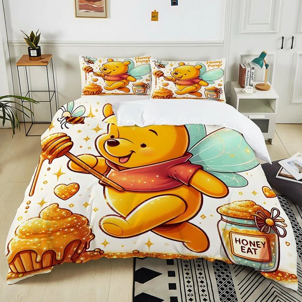 Winnie the Pooh Home Anime Duvet Cover Set Print Bedding Cute Cartoon With Pillowcase 3 Piece Set Bed Sheets