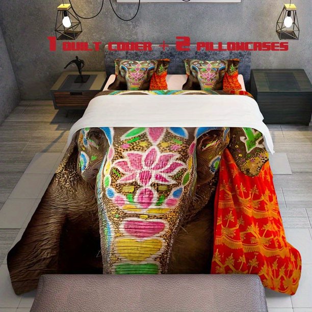 3pcs Gorgeous Painted Elephant Indian Festival Theme Printed Three Piece Bedding Set Soft Quilt Cover And Two Pillowcases