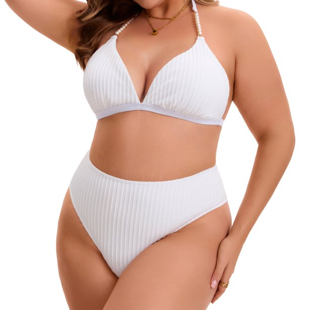 Agnes Orinda Conjunto de Bikini para Mujer Talla Grande de Escuela Colegio, Traje de Baño de Dos Piezas Acanalado, Top Triángulo con Tirante de Perlas y Pantalones Cortos de Cintura Alta L Blanco
