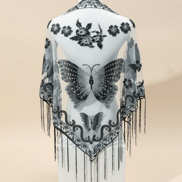 29.5"×55.1" Triangle Scarf Butterfly Flower Embroidery Lace Tassel Shawl Elegant Breathable Windproof Wrap Outdoor Accessories