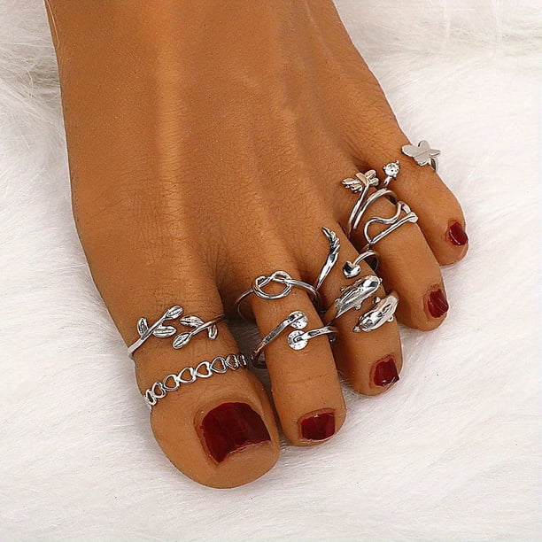 9-Piece Adjustable Foot Ring Set - Snake, Butterfly, Dragonfly, Dolphin & Heart Shapes - Perfect for Women & Girls!