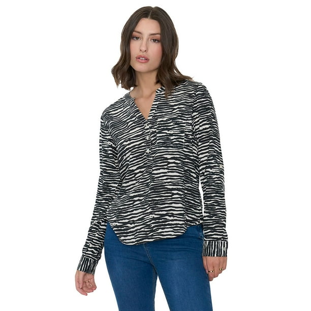 Blusa Mujer Cuello Mao Print Rayas Negro Corona