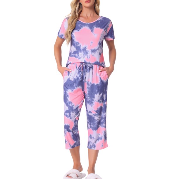 INSPIRE CHIC Conjunto de Pijama de Mujer con Tinte de Corbata Cuello en V Manga Corta Pantalones Capri Conjunto de Salón con Bolsillos XL Púrpura