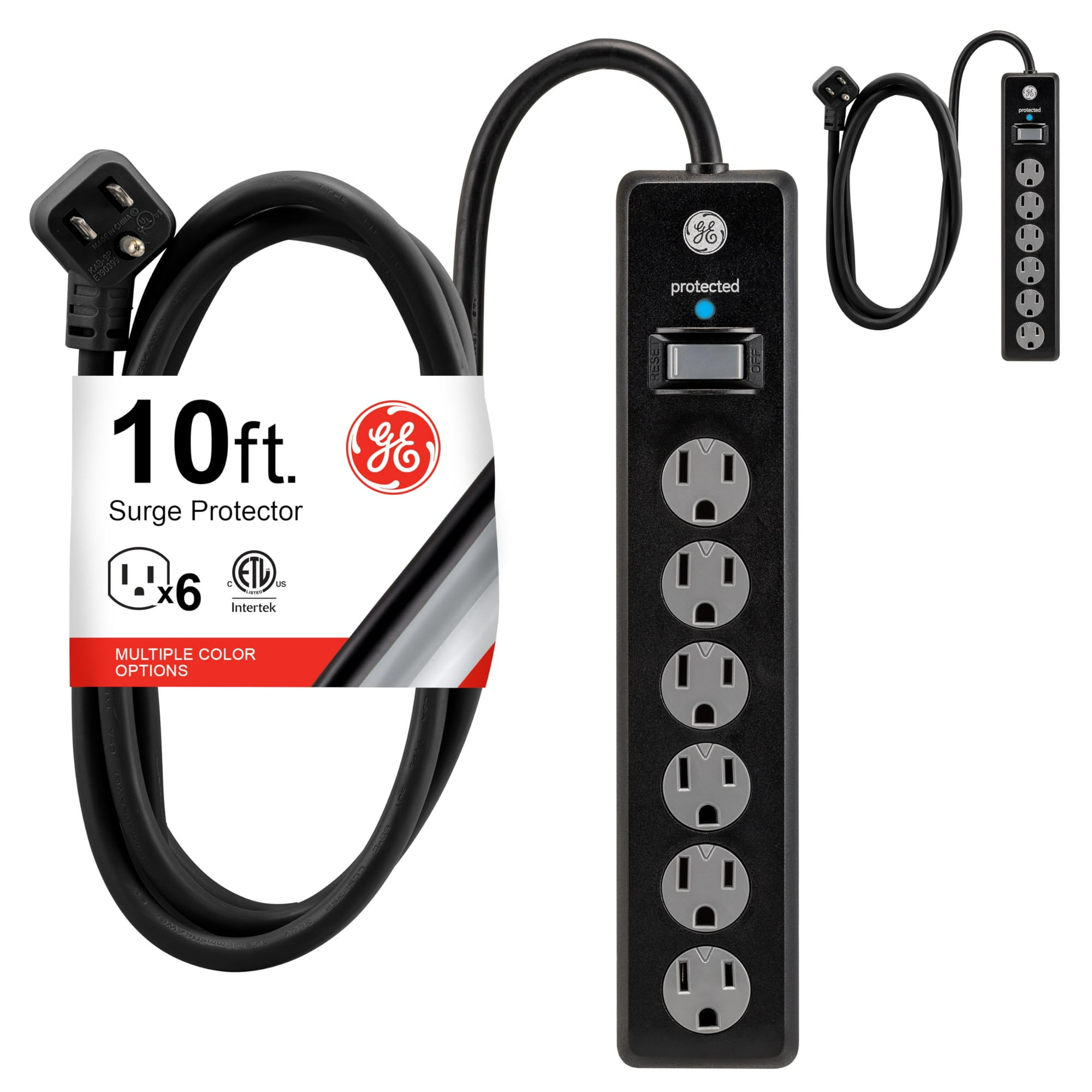 Protector Contra Sobretensiones Ge De 6 Salidas, Paquete De 2 Con Cable De 10 Pies 600j, Negro
