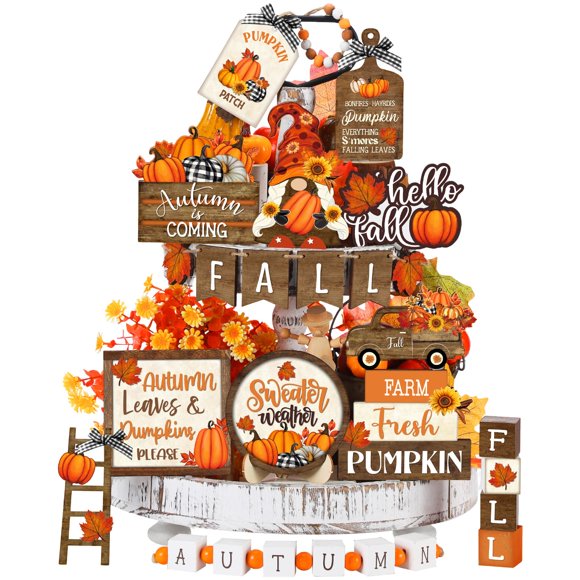 Set de 21 piezas para bandeja escalonada Maitys – Decoración de otoño con calabaza, gnomo, camión y hoja de arce