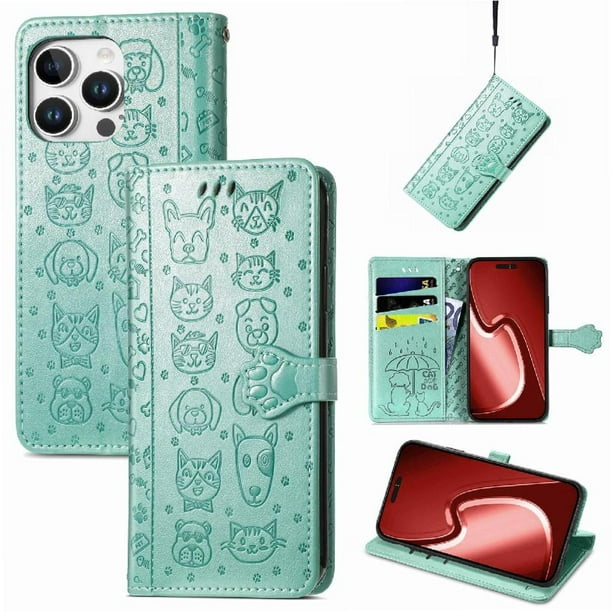 Funda Cartera FOXDOCK para iPhone 16 Pro Max , Flip PU con Relieve de Gatos y Perros, Tarjetero y Soporte