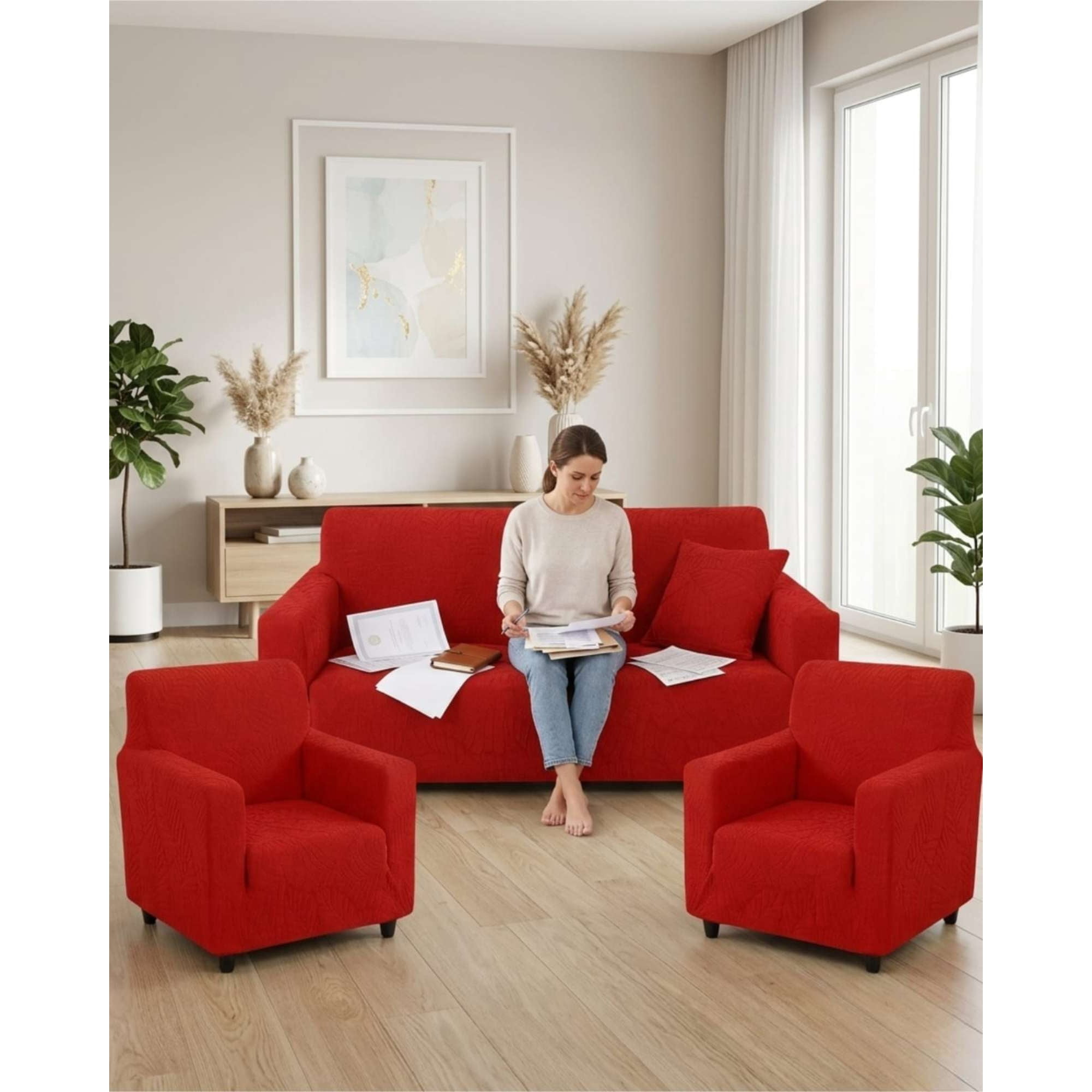 Myl Todo Hogar - Juego De Fundas Para Sillones 3+1+1 Diseño Hojas Elásticas Y Lavables