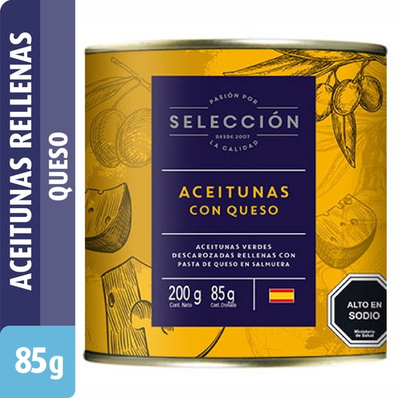 Aceitunas Rellenas con Queso, Drenado 85 g - Neto 200 g