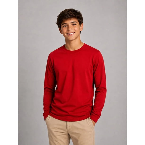 Polera De Niño Manga Larga Basica 100%algodon Cuello Redondo Rojo 10 Lisa