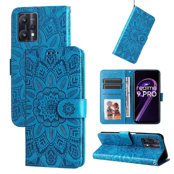 Funda tipo cartera FOXDOCK para Realme 9 Pro , diseño girasol en relieve, cuero PU, cierre magnético, soporte y tarjetero