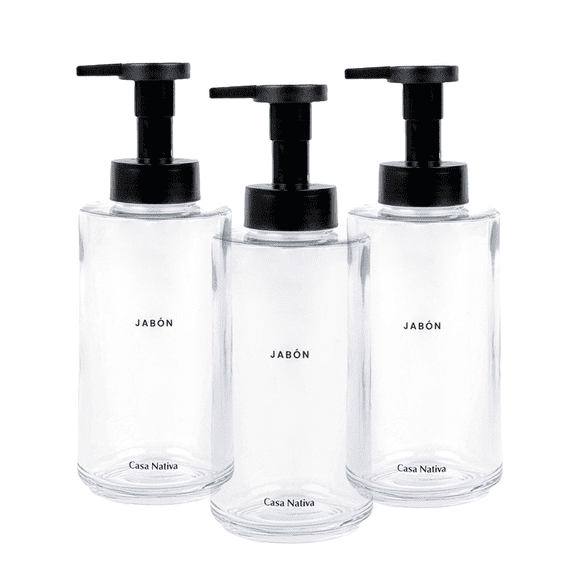 Pack triple dispensadores jabón espuma vidrio transparente Casa Nativa