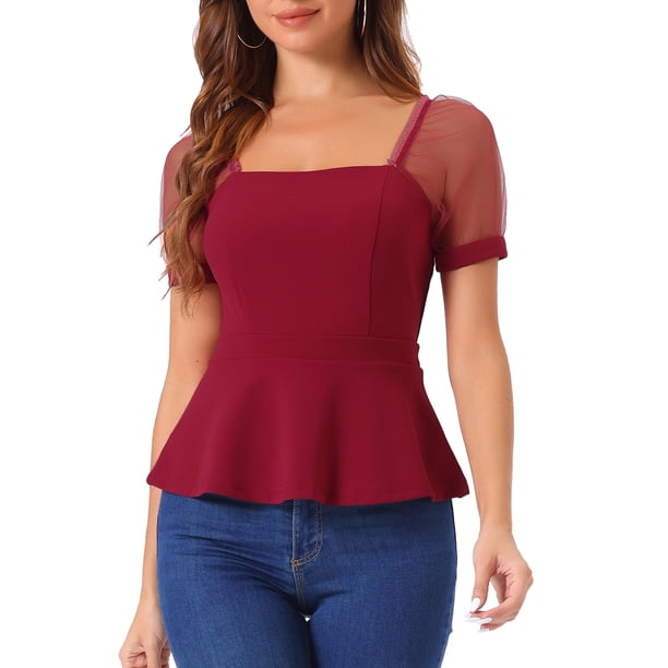 INSPIRE CHIC Elegante Blusa Peplum de Cuello Cuadrado con Mangas Abullonadas para Mujer para Uso Casual S Rojo Oscuro