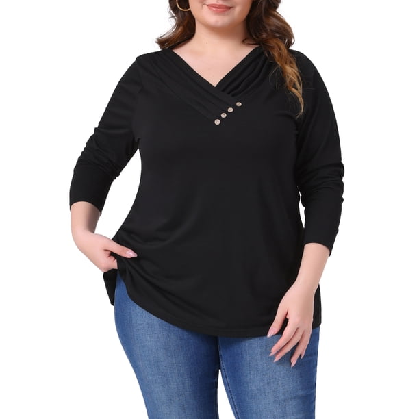 Agnes Orinda Conjuntos de Halloween Tallas Grandes Blusas Túnicas para Mujeres Camisa de Manga Larga con Cuello en V Botón de Otoño Suéter Suelto 3X Negro