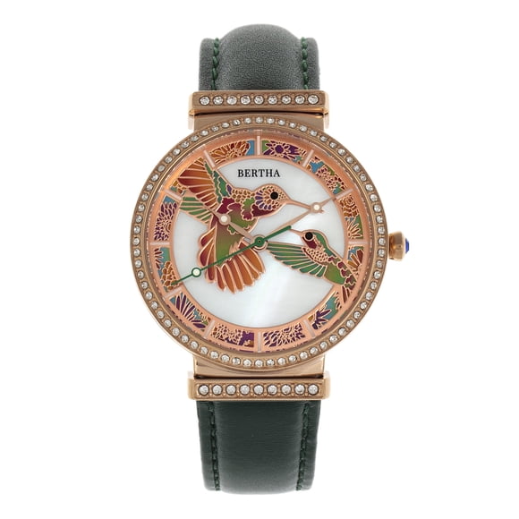 Reloj Bertha Emily - Brazalete de piel de madreperla, oro rosa y verde