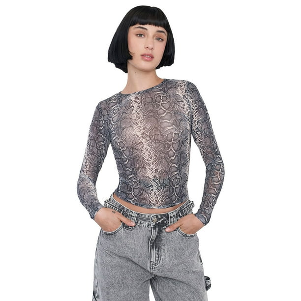 Polera Mujer Malla Manga Larga Print Pitón Negro Corona