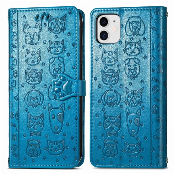 Funda Cartera FOXDOCK para iPhone 12 Mini , Flip PU con Relieve de Gatos y Perros, Tarjetero y Soporte