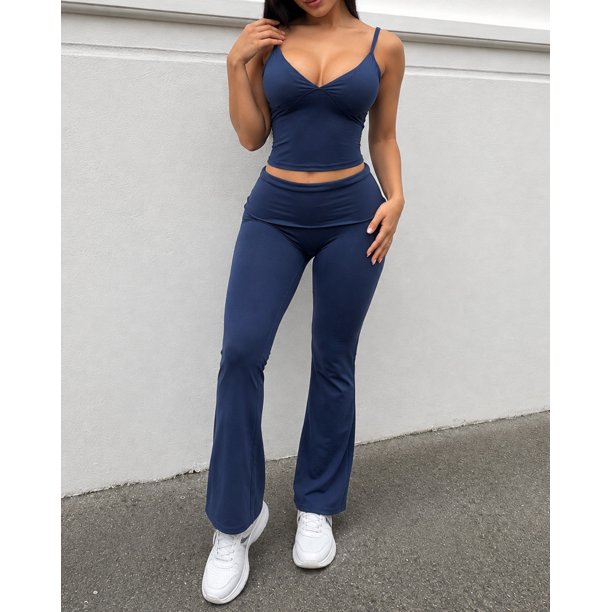 Set Deportivo Mujer Crop Top Escote V Y Calza Acampanada Foldover