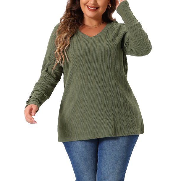 Agnes Orinda Conjuntos de Halloween Tallas Grandes Tops de Punto para Mujeres Suéter de Manga Larga Cuello en V Botón Elástico Casual Blusas 2X Verde Militar