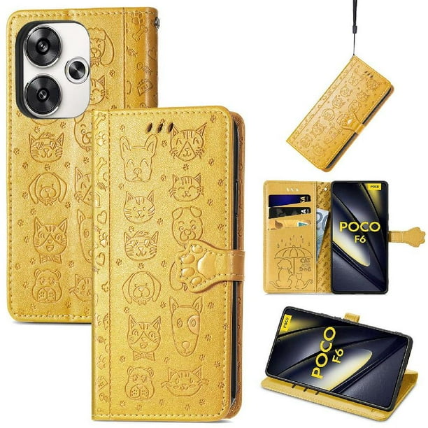 Funda Cartera FOXDOCK para Xiaomi Poco F6 5G , Flip PU con Relieve de Gatos y Perros, Tarjetero y Soporte