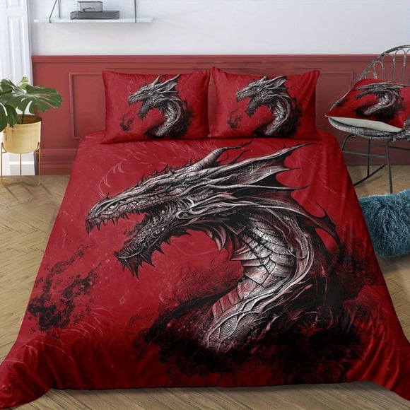 Three-Piec-e Set Beddi-ng Set Myst-erious Dra-gon Beddi-ng Suit with Pringting -Soft and Com-fortab-le Q-uilt- Cover -Suitable- for Bedroom and Gue-st Room