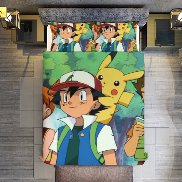 Pokemon And Ash Friends 3 Piece Sets Full/Queen Size - Reversible Microfiber Quilts with Shams Soft Lightweight Bedspread Coverlet Comforter for All Season Bed Sheets
