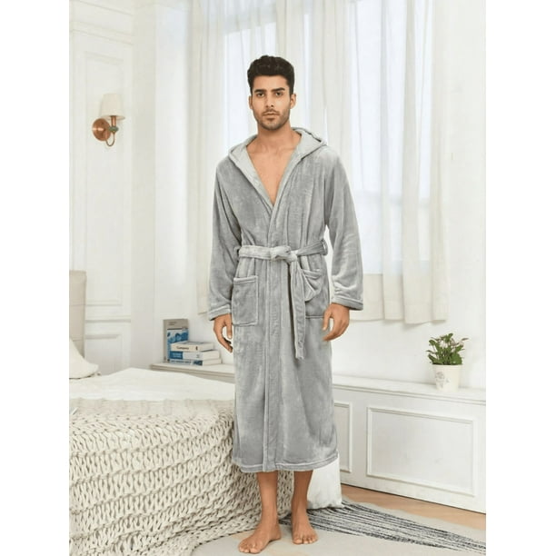 Bata De Baño Con Capucha Para Hombre De Invierno Grueso Cálido Gris