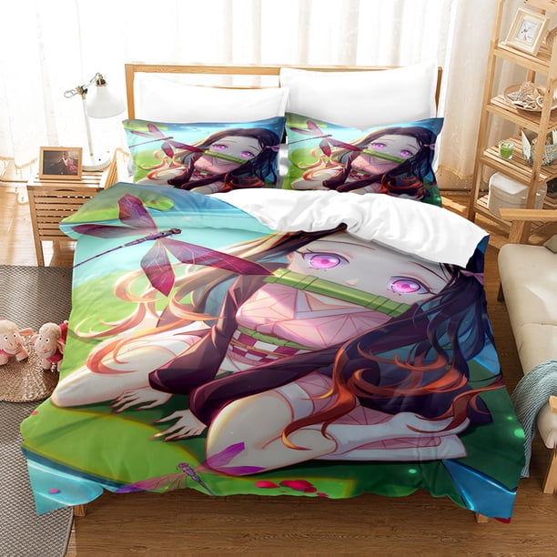 v2462 Bed Sheets Hot Kamado Nezuko Bedding Sets Anime Demon Slayer Bedspread for Teens Girls Cartoon Twin Single Queen King Full Duvet Cover Set 3-Piece Bedding Set (1 Duvet Cover + 2 Pillow Shams) Be