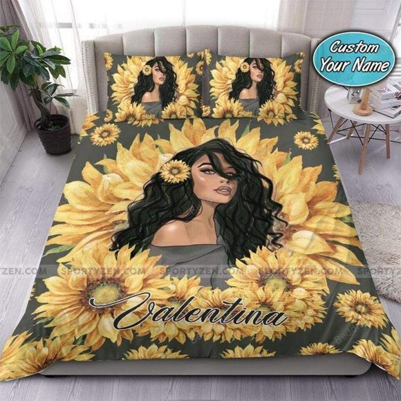 Sunflower Long Hair Black Woman Personalized Quilt Duvet Cover Set Queen3-Piece Bedding Set