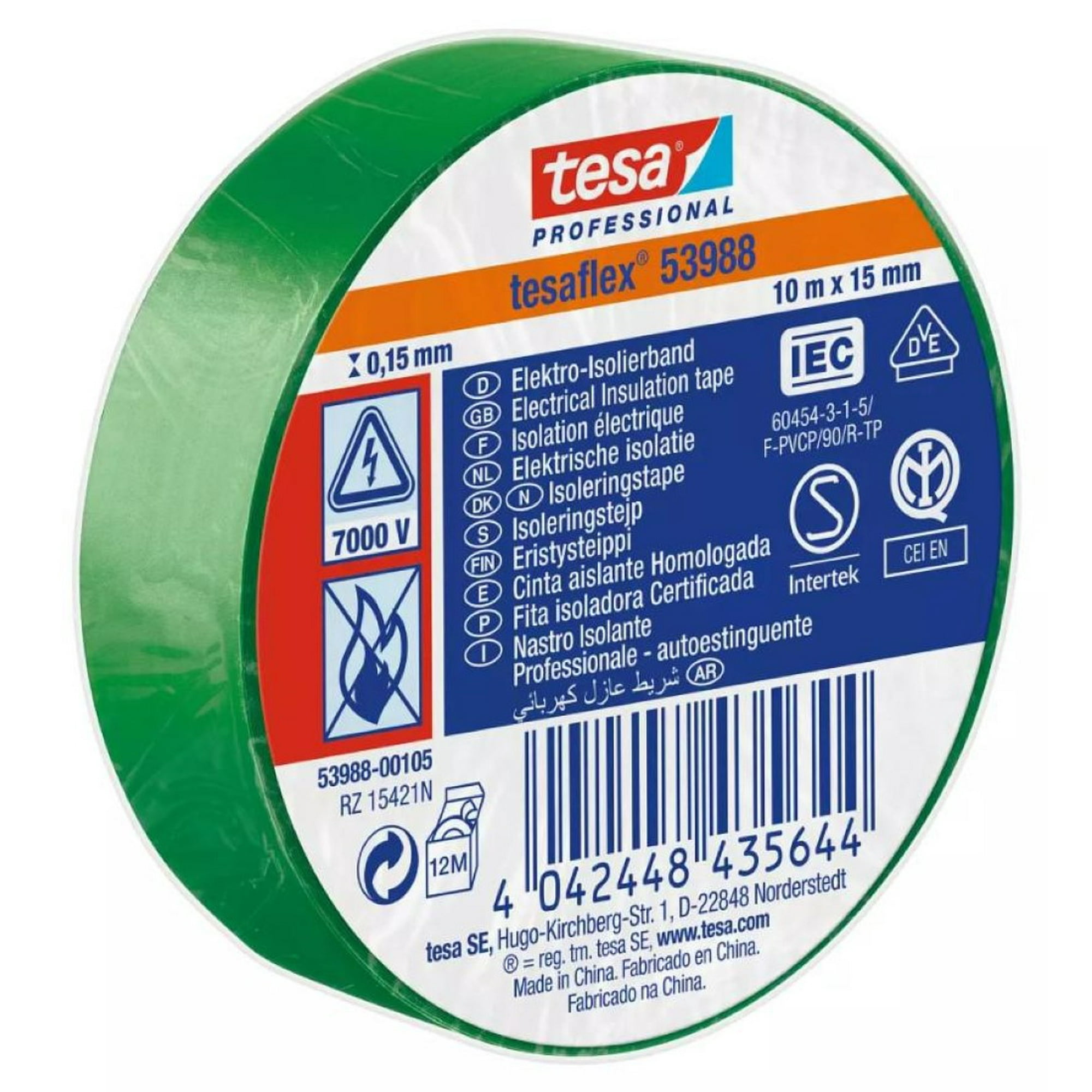 Tesaflex Cinta Aisladora Eléctrica Profesional Verde 10m X 15mm