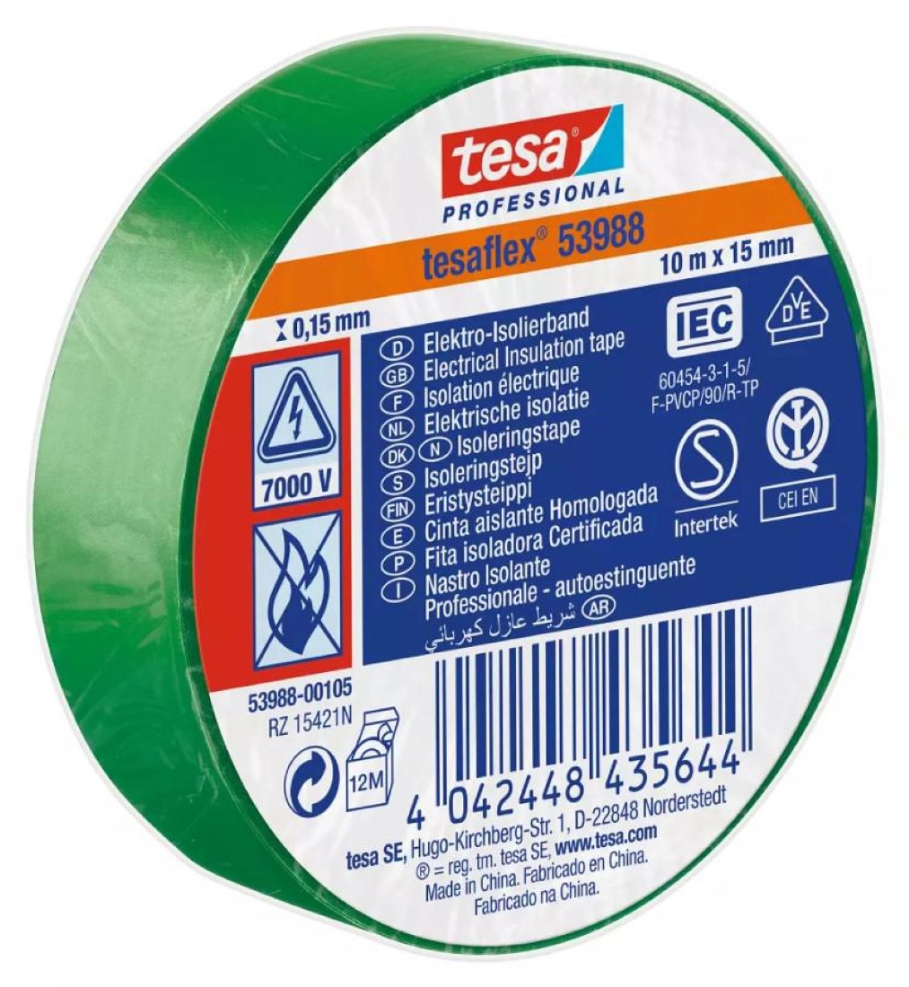 Tesaflex Cinta Aisladora Eléctrica Profesional Verde 10M X 15Mm