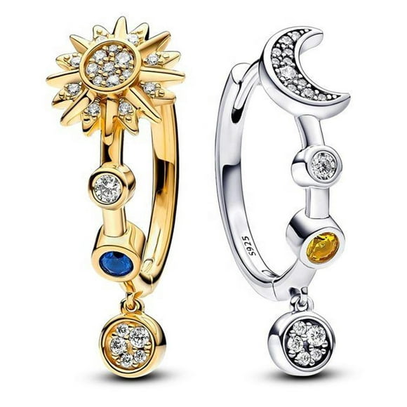 Aros Plata Fina 925 Pendientes Argollas Sol Y Luna Mujer plateado Talla única