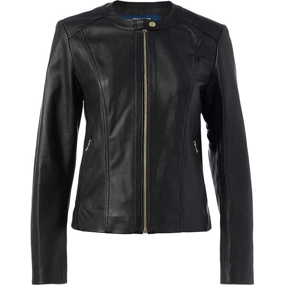 Chaqueta Cole Haan Clásica Moto De Cuero Mujer Negro L