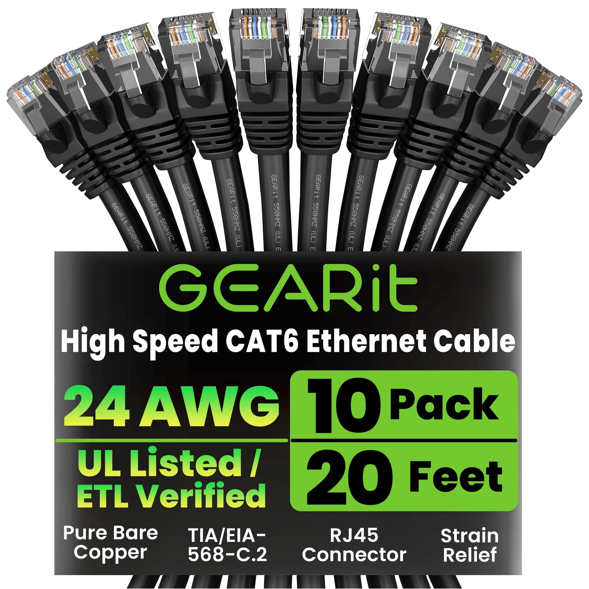 Cable Ethernet Gearit Cat 6, 20 Pies, 10 Unidades, 10 Gbps, Rj45, Negro